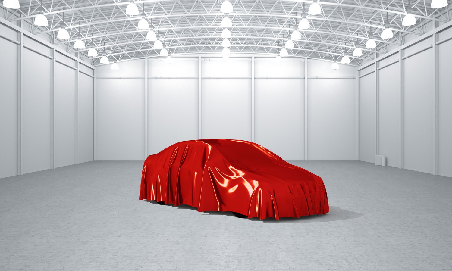 Clean white empty warehouse covered car launch 3D illustration